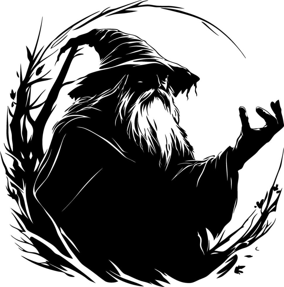 Mysterious Wizard with Long Beard and Hat Surrounded by Enchanting Nature Elements vector
