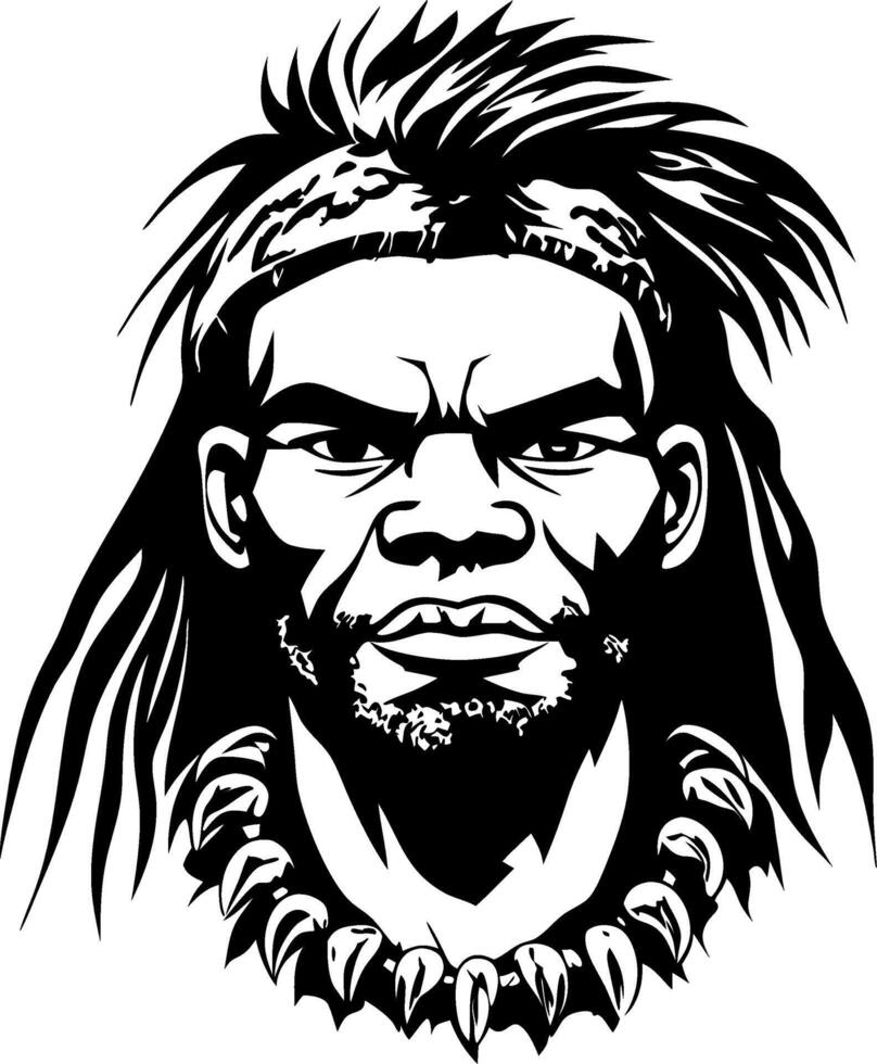 Powerful Tribal Warrior Portrait with Necklace and Long Hair for Tattoo and Graphic Design vector