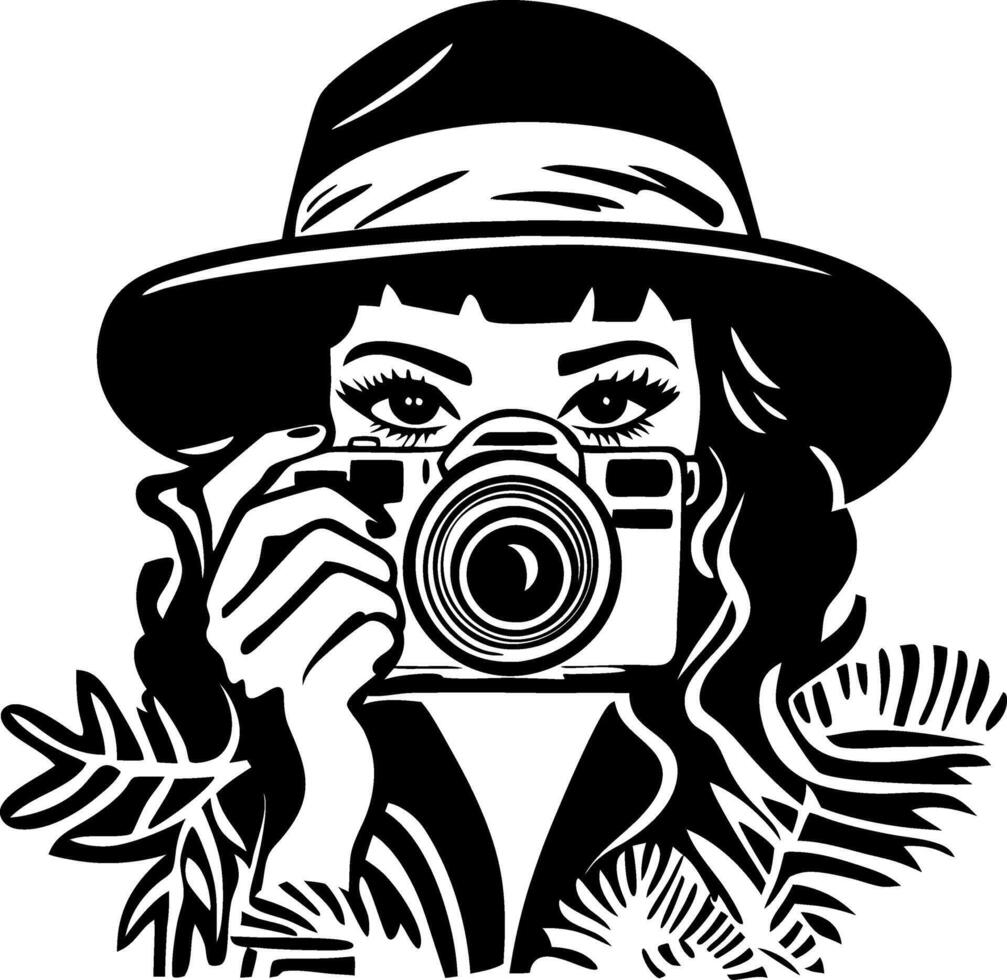 Vintage Style Woman grapher Capturing Memories with Camera Surrounded by Tropical Leaves vector