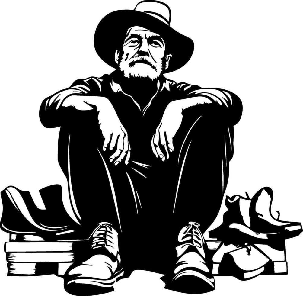 Thoughtful Man Sitting Amongst Shoes Reflecting on Life and Journeys Artistic Illustration vector