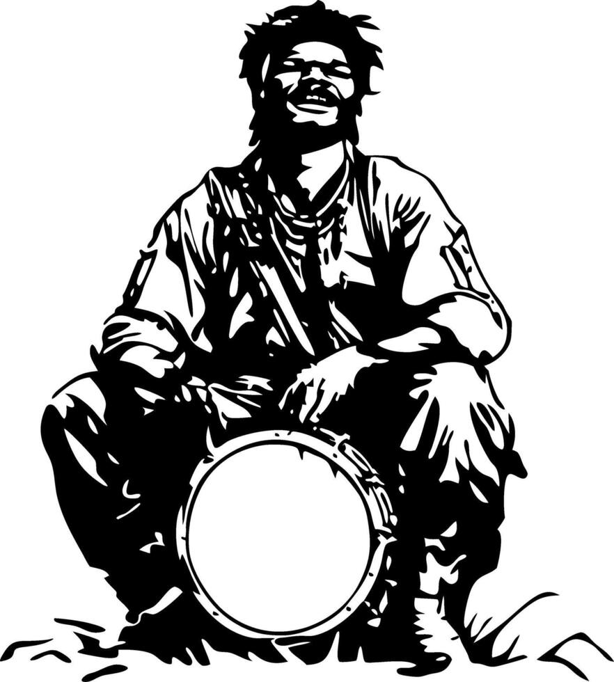 Joyful Drummer Sitting Cross Legged with Drum Perfect for Tattoo and Design Inspiration vector