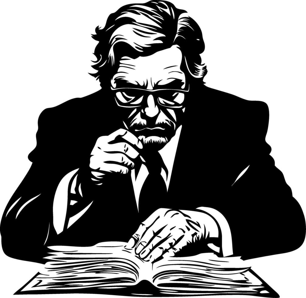Thoughtful Man in Suit Reading Book with Intense Focus Perfect for Educational Illustrations vector