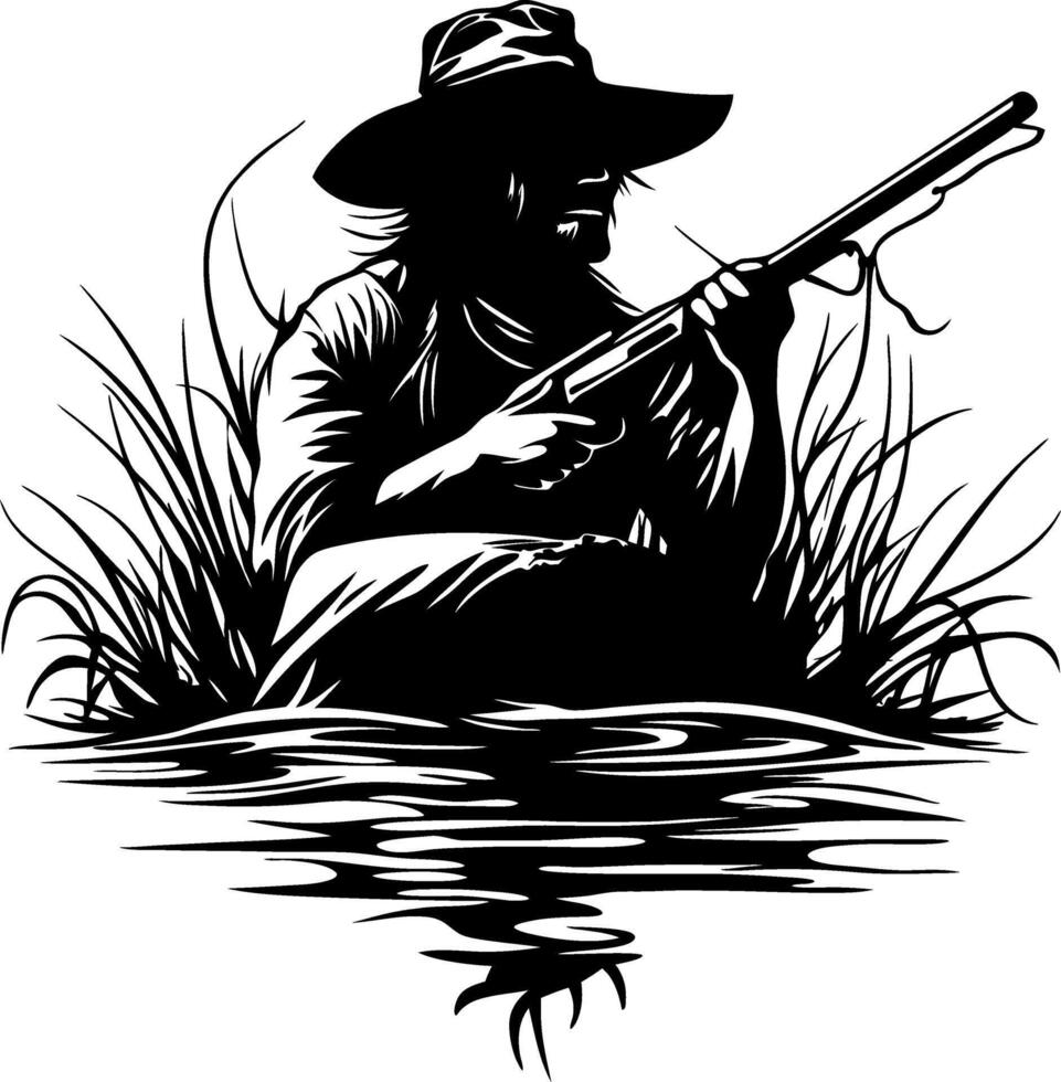 Hunter Silhouette with Rifle and Reflected Water in Grassy Marshland Background vector
