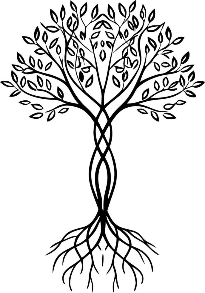 Intricate Black Tree Design with Twisted Roots and Leaves Perfect for Tattoo and Coloring Book vector