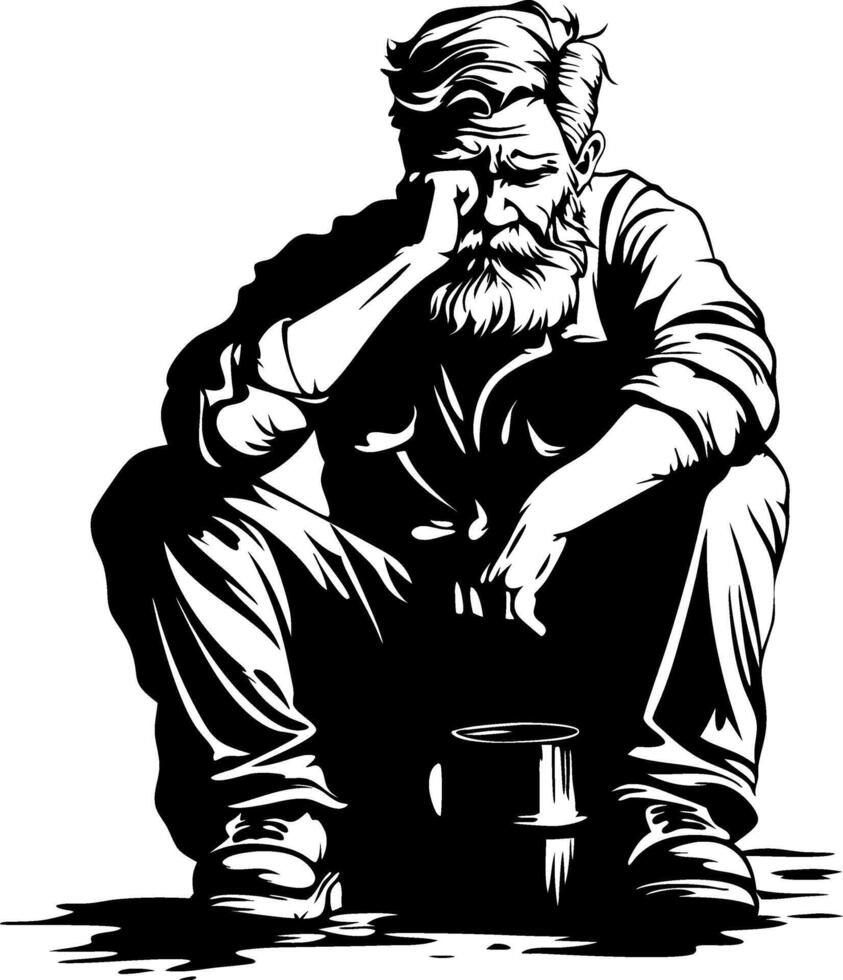Pensive Man with Beard Sitting on Ground Deep in Thought Illustration vector
