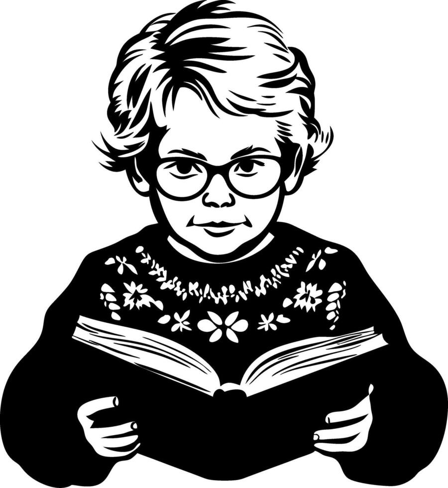 Child Reading Book with Glasses in Floral Sweater Illustrating Curiosity and Learning vector