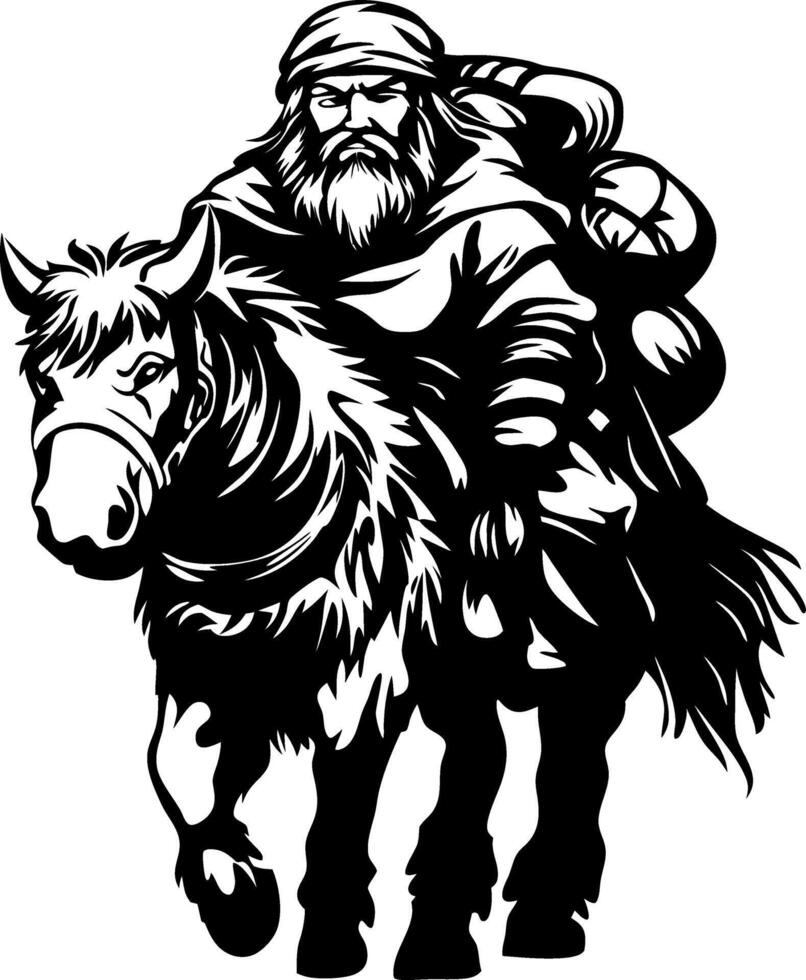 Bearded Man Riding Horse with Bags Symbolizing Adventure and Nomadic Lifestyle vector