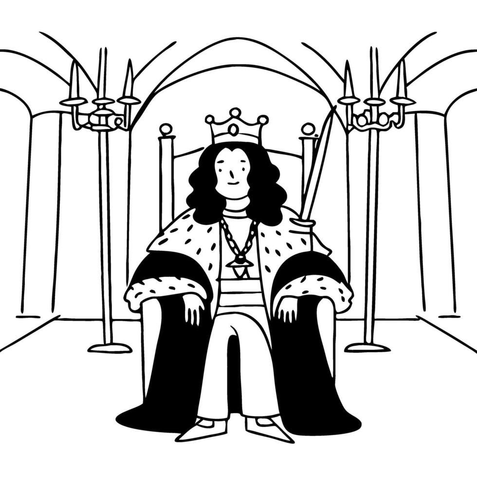 Regal King Sitting on Throne Crowned with Scepter in Ornate Castle Interior vector