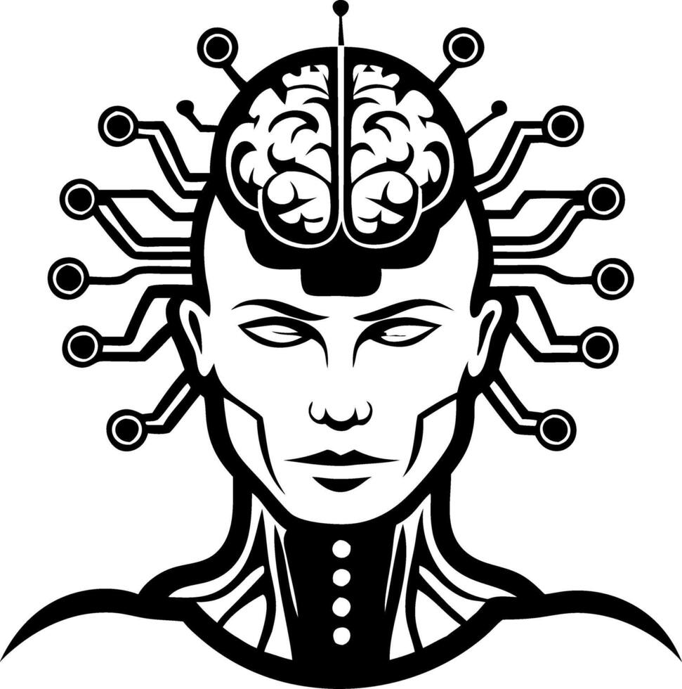Futuristic Cybernetic Human Head with Brain and Circuitry for Sci-Fi Designs and Tattoos vector