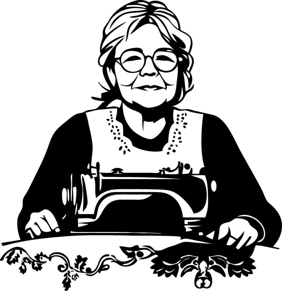Experienced Seamstress Smiling at Sewing Machine Vintage Style Illustration for Craft Projects vector