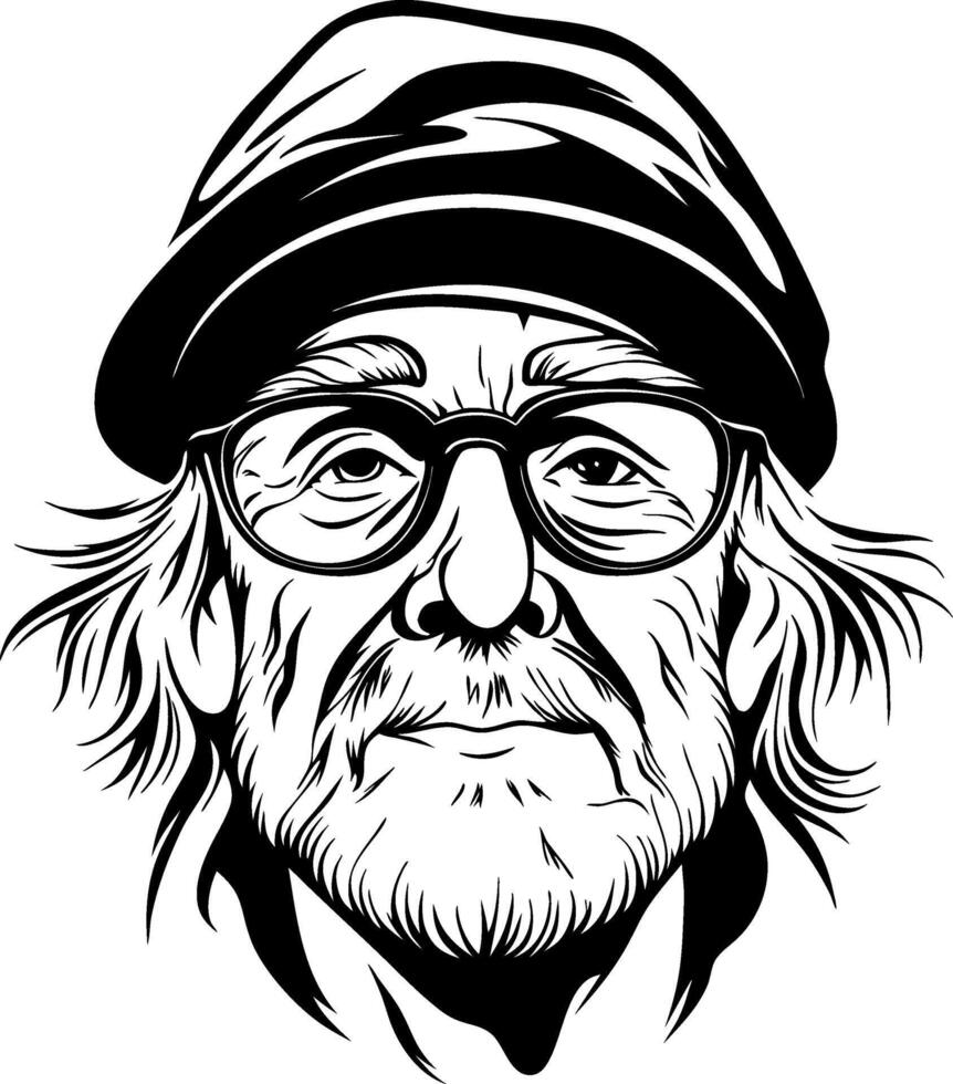 Detailed Portrait of an Elderly Man with Glasses and Beanie for Tattoo Design or Coloring vector