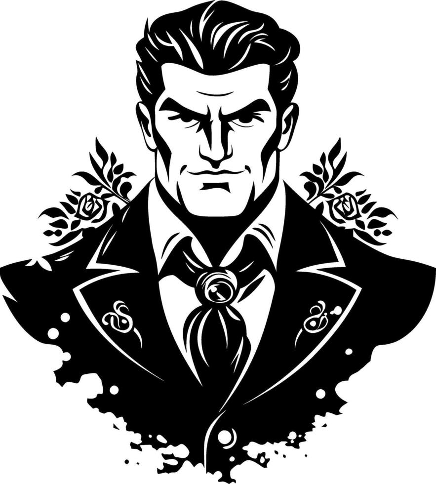 Vintage Masculine Figure with Roses Elegant Suit and Strong Expression for Tattoo Design vector