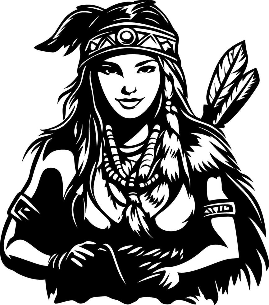 Native American Woman Warrior Portrait in Traditional Attire with Feathers and Beads vector