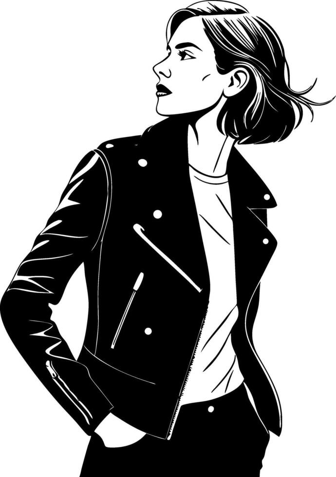 Stylish Female Model in Leather Jacket Fashion Illustration for Apparel Design and Art vector