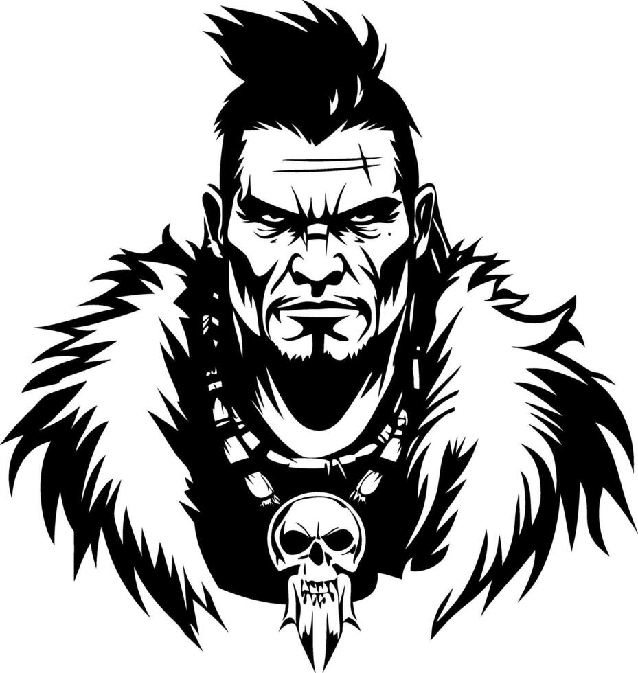 Fearsome Warrior Face Illustration with Necklace and Skull Tattoo Design for Bold Art Projects vector