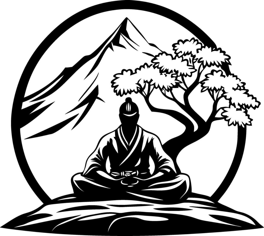Meditating Monk Silhouette with Mountain and Tree for Spiritual Art and Tattoos vector