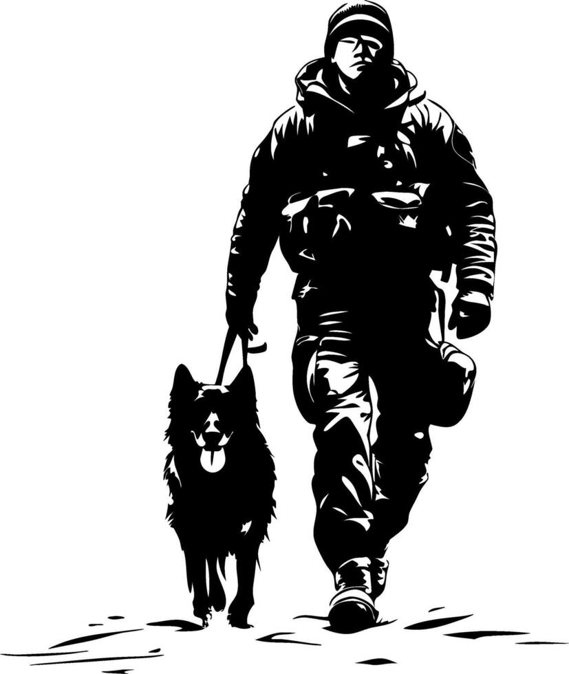 Soldier Walking with a Dog in Winter Gear Ideal for T-Shirt Design and Adventure Themes vector