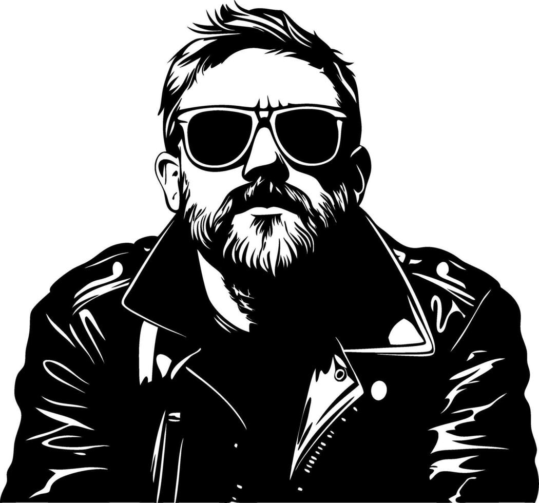 Stylish Man with Beard and Sunglasses in Leather Jacket for Tattoos and Artwork vector