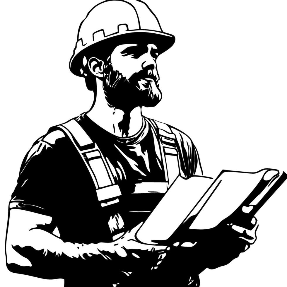 Construction Worker Holding Blueprints in Safety Helmet and Overalls Illustration vector