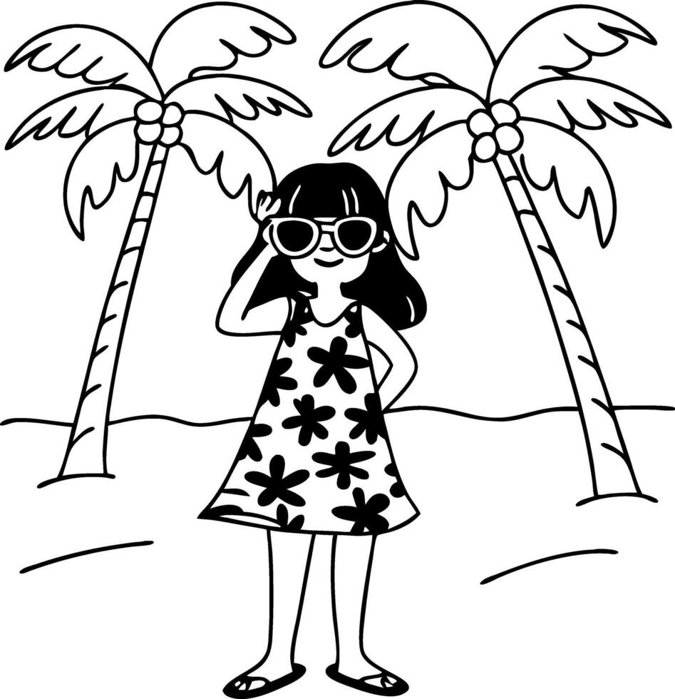 Playful Girl in Sunglasses Surrounded by Tropical Palm Trees for Summer Themes vector