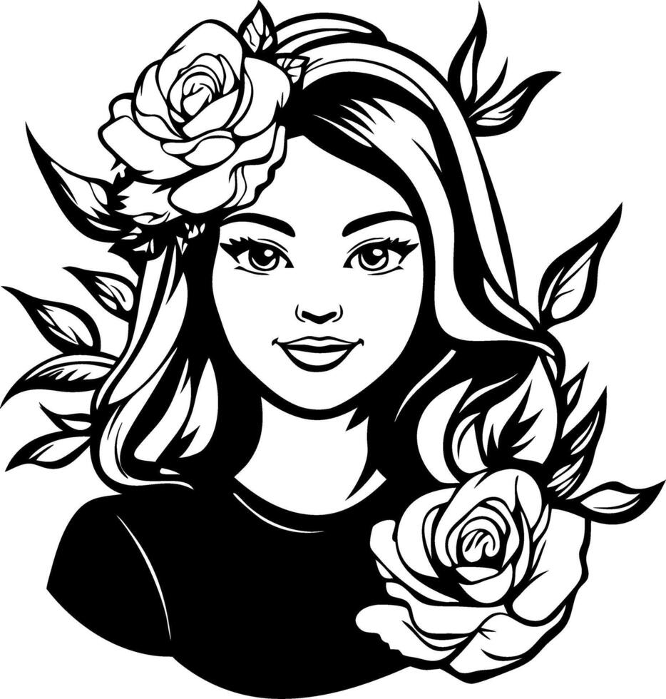 Beautiful Woman with Roses Floral Tattoo Design for Coloring Book and Graphic Projects vector