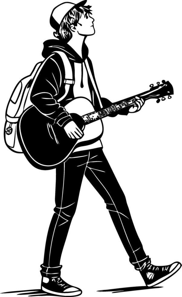 Stylish Youth Walking with Guitar Backpack and Casual Outfit Illustration vector