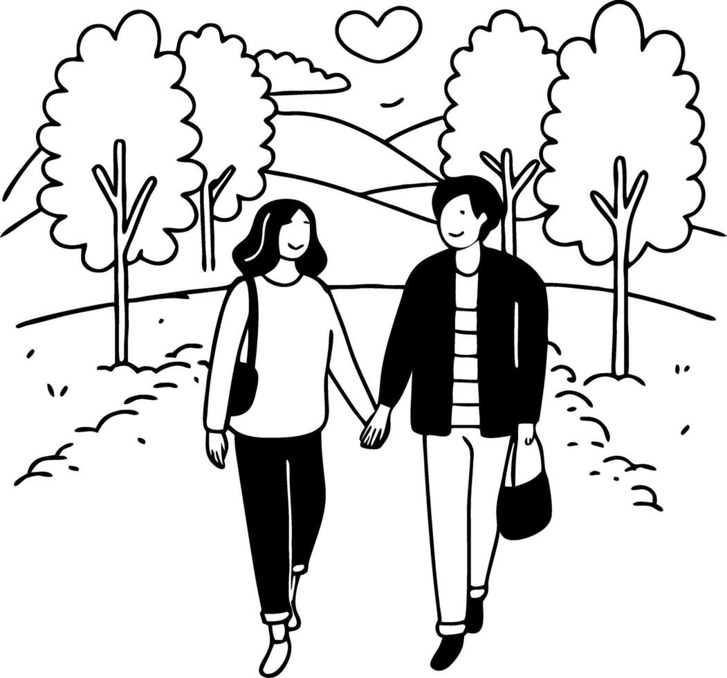 Couple Walking in Nature Hand in Hand Romantic Scene with Trees and Heart Symbol vector