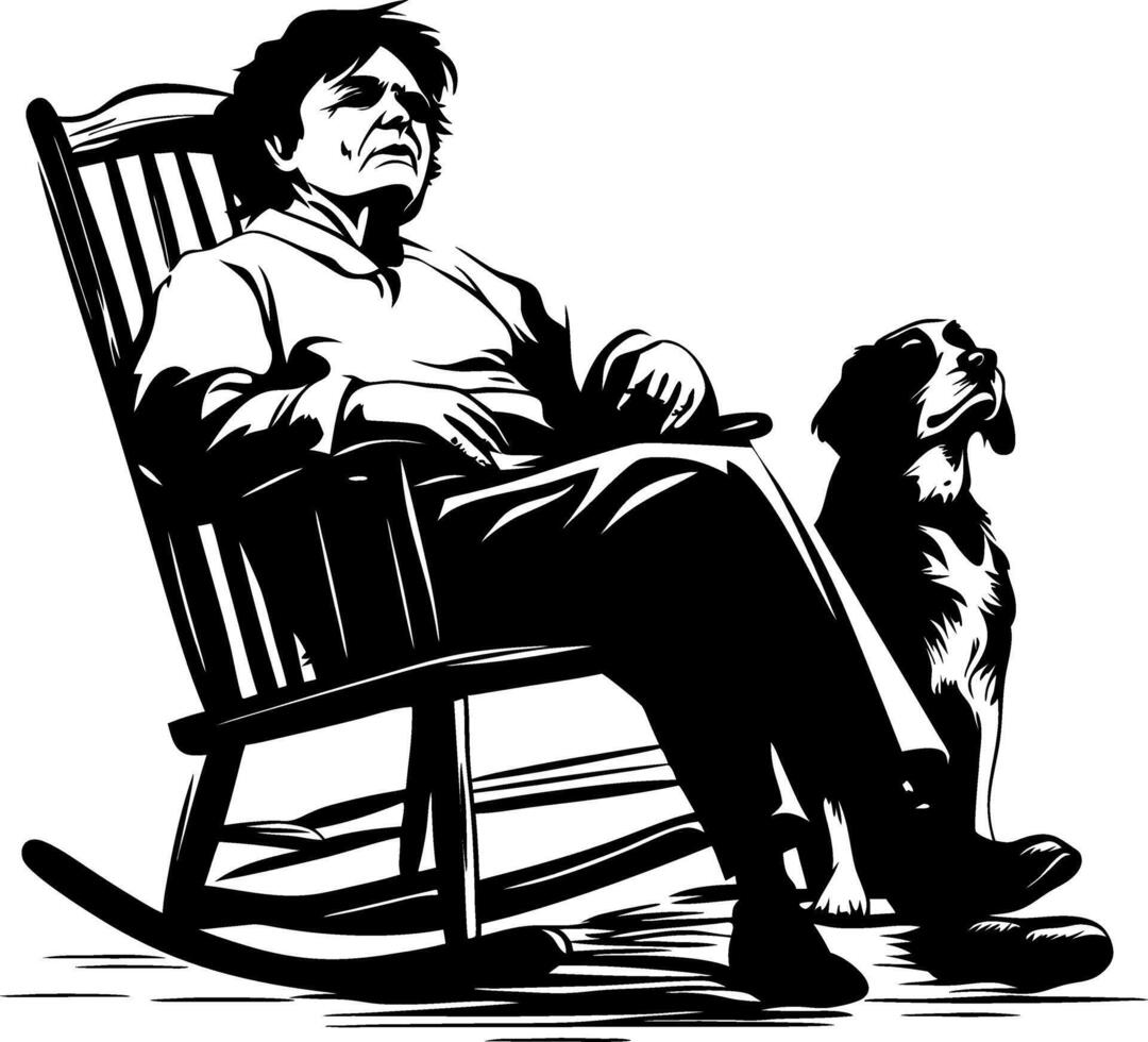 Elderly Woman in Rocking Chair with Loyal Dog Companion Art for Nostalgic Designs vector