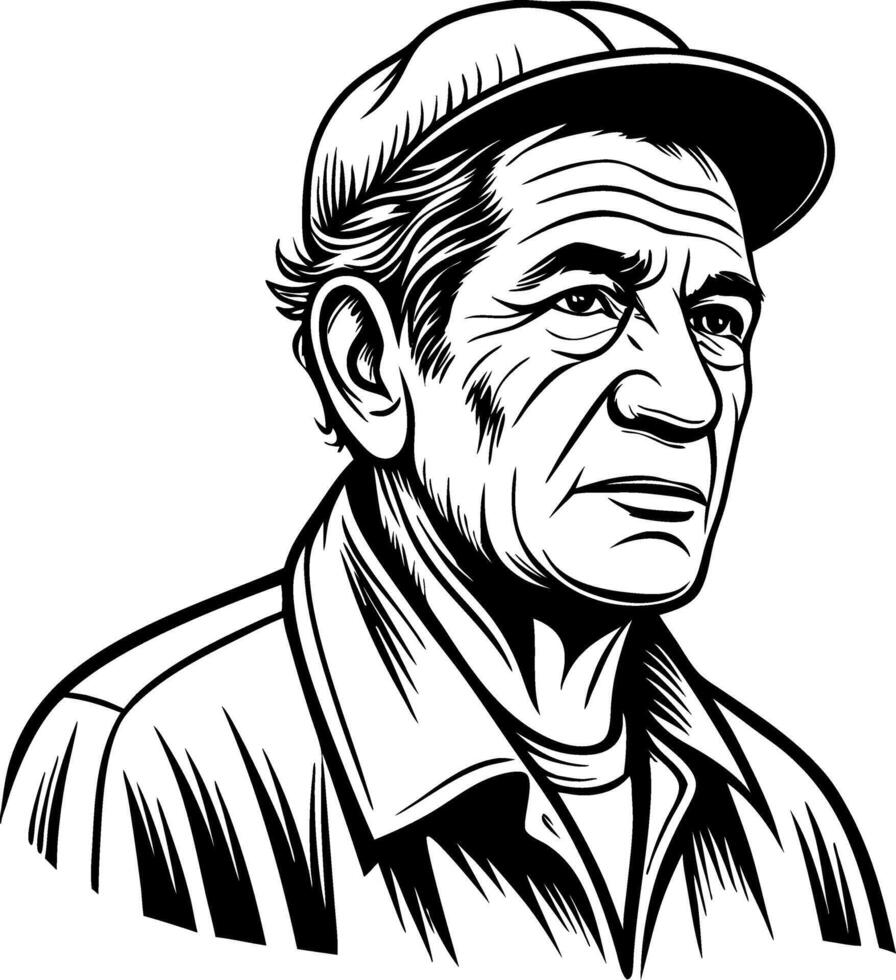 Vintage Man Portrait with Cap Detailed Black and White Illustration for Tattoo Design and Art vector