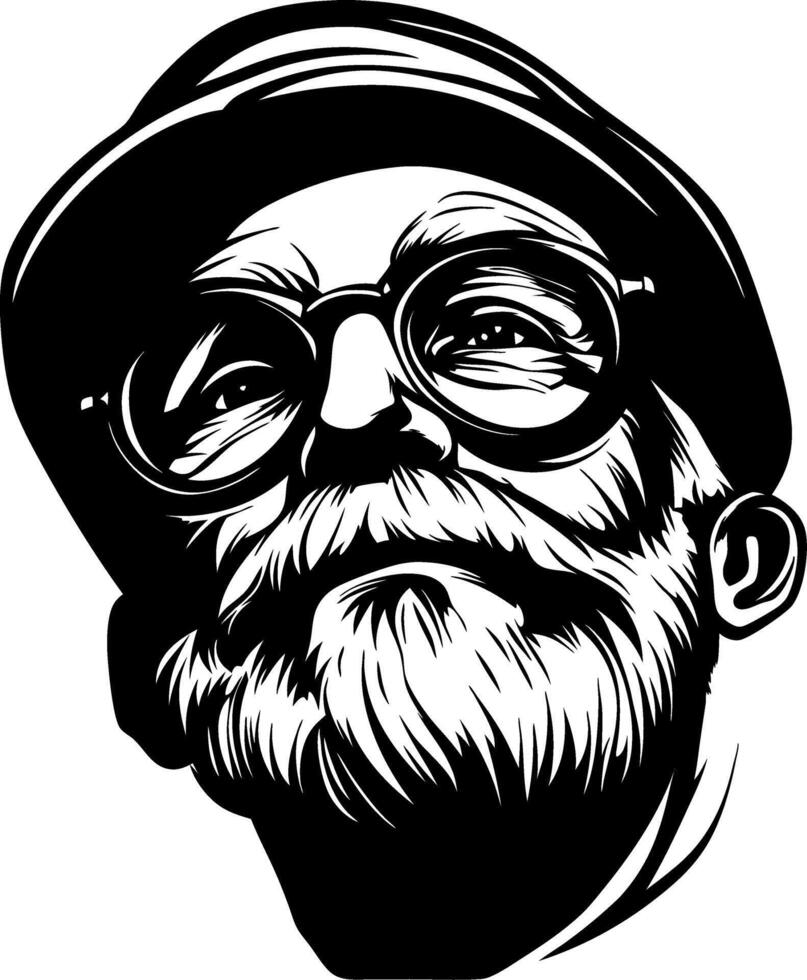 Detailed Black and White Illustration of an Older Man with Glasses and Beard vector