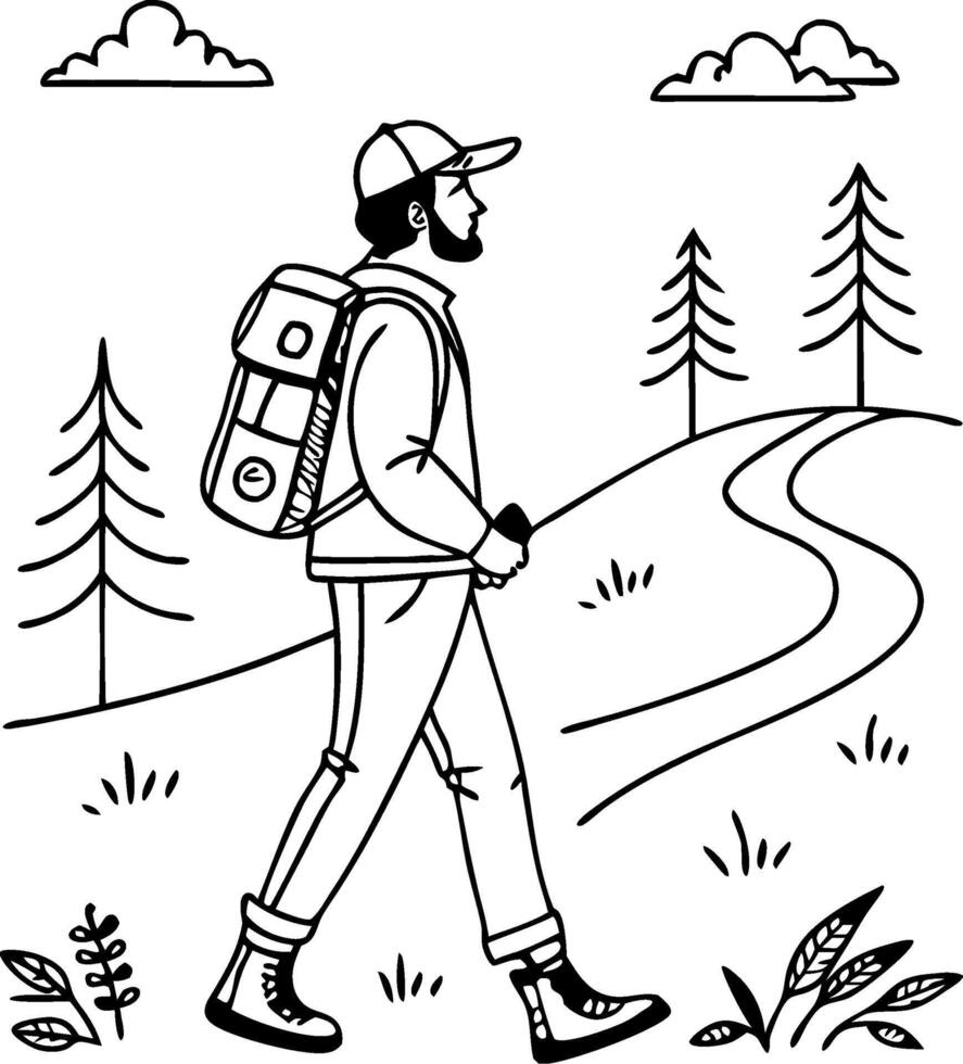 Hiker Walking Along Mountain Trail Surrounded by Trees and Nature for Outdoor Adventure Themes vector