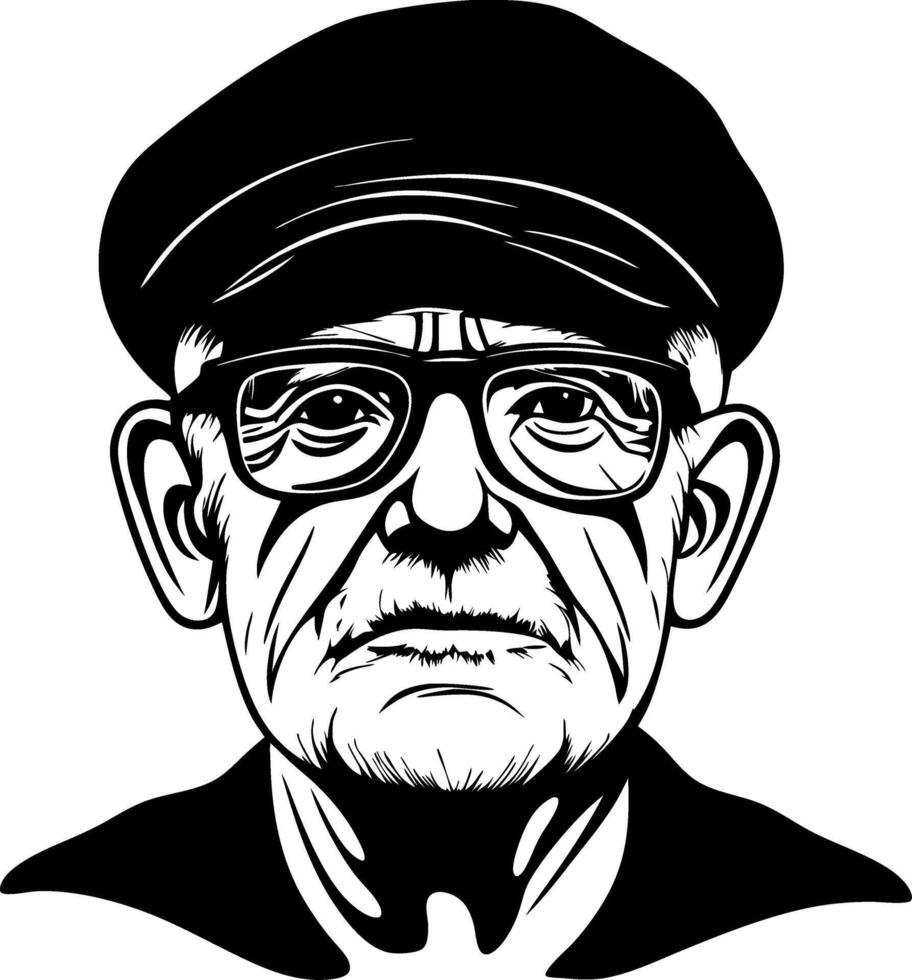 Detailed Vintage Man Portrait with Glasses and Cap for Tattoo Design and Illustration vector