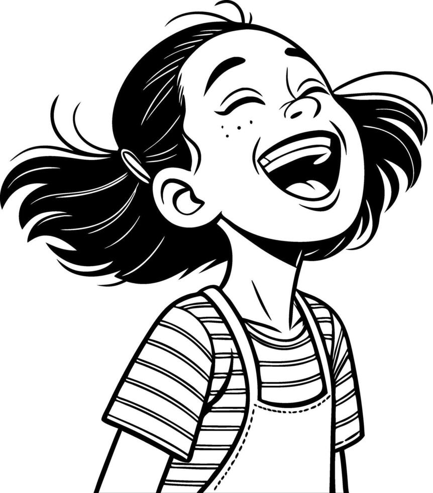 Joyful Cartoon Girl Laughing with Freckles and Playful Hair in a Fun Striped Outfit vector