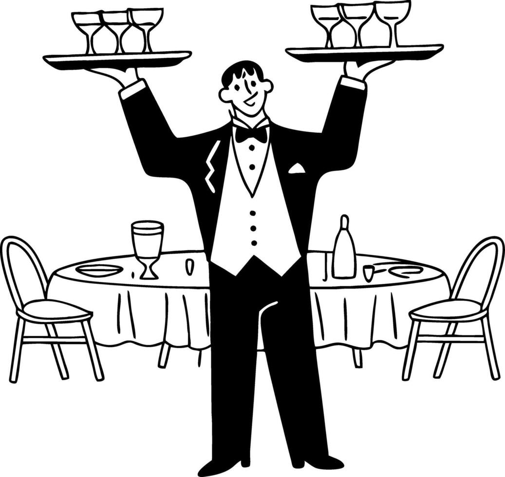 Elegant Waiter Carrying Drinks on Trays in Formal Attireic Illustration for Events vector