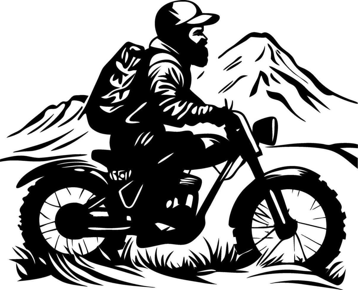 Adventurous Mountain Biker Riding Through Scenic Landscape with Majestic Peaks vector