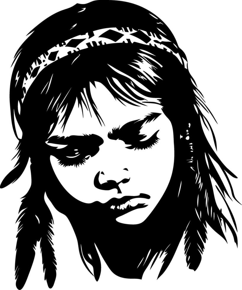 Sad Indigenous Girl Illustration with Traditional Feathered Headband for Tattoo and Art Projects vector
