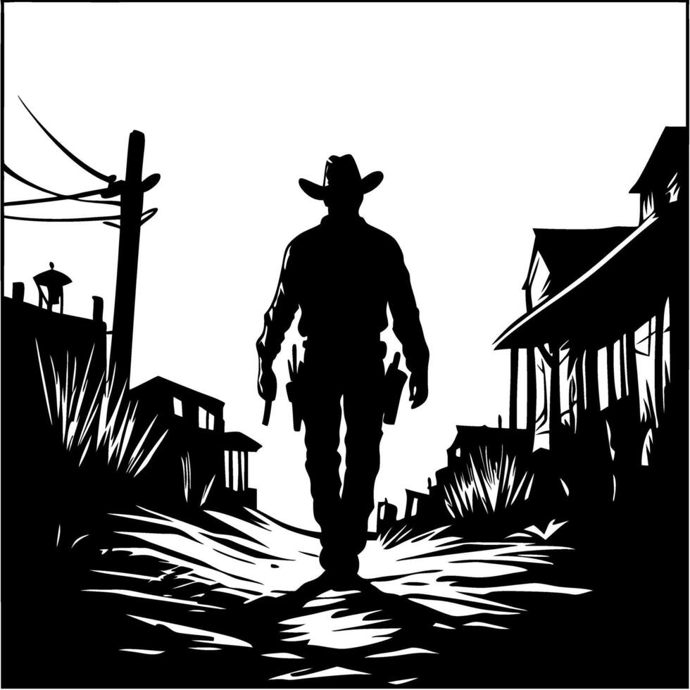 Cowboy Silhouette Walking Down Abandoned Desert Road with Buildings and Cacti vector