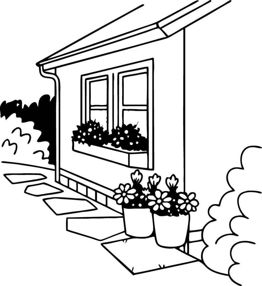 Charming House with Flower Pots and Pathway in a Tranquil Garden Scene vector