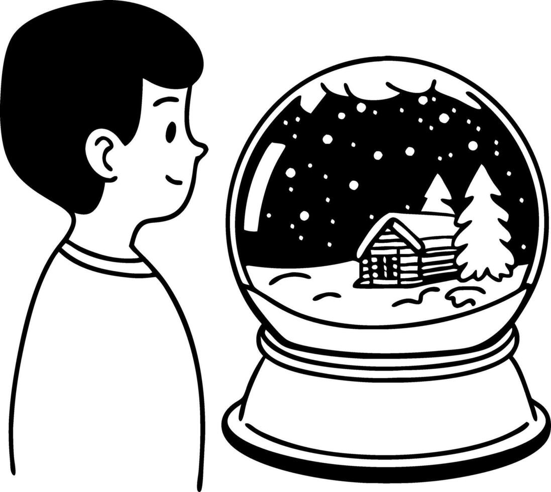 Child Admiring Winter Scene in Snow Globe with Cabin and Pine Trees for Creative Projects vector