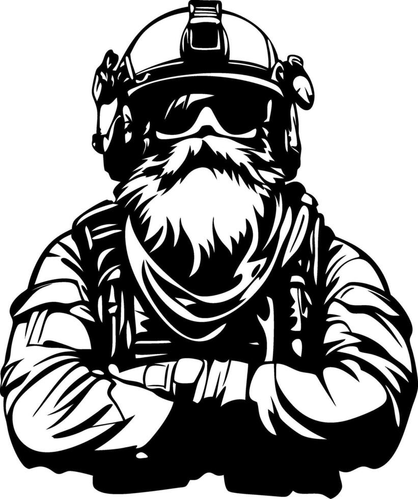 Bearded Military Operator in Tactical Gear Striking Confident Pose for Tattoo and Apparel Design vector