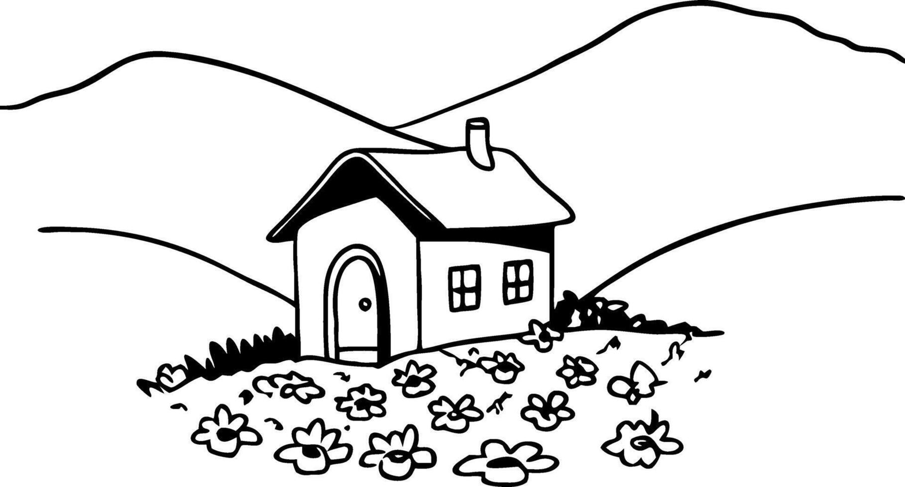 Charming Country House Surrounded by Flowers and Rolling Hills Perfect for Coloring Book Designs vector
