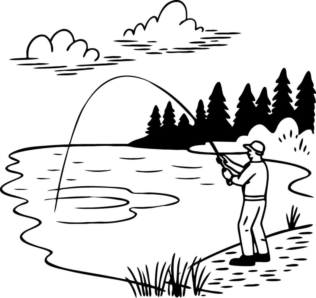Fisherman Casting Rod by Lake with Pine Forest and Clouds for Outdoor Adventure Themes vector