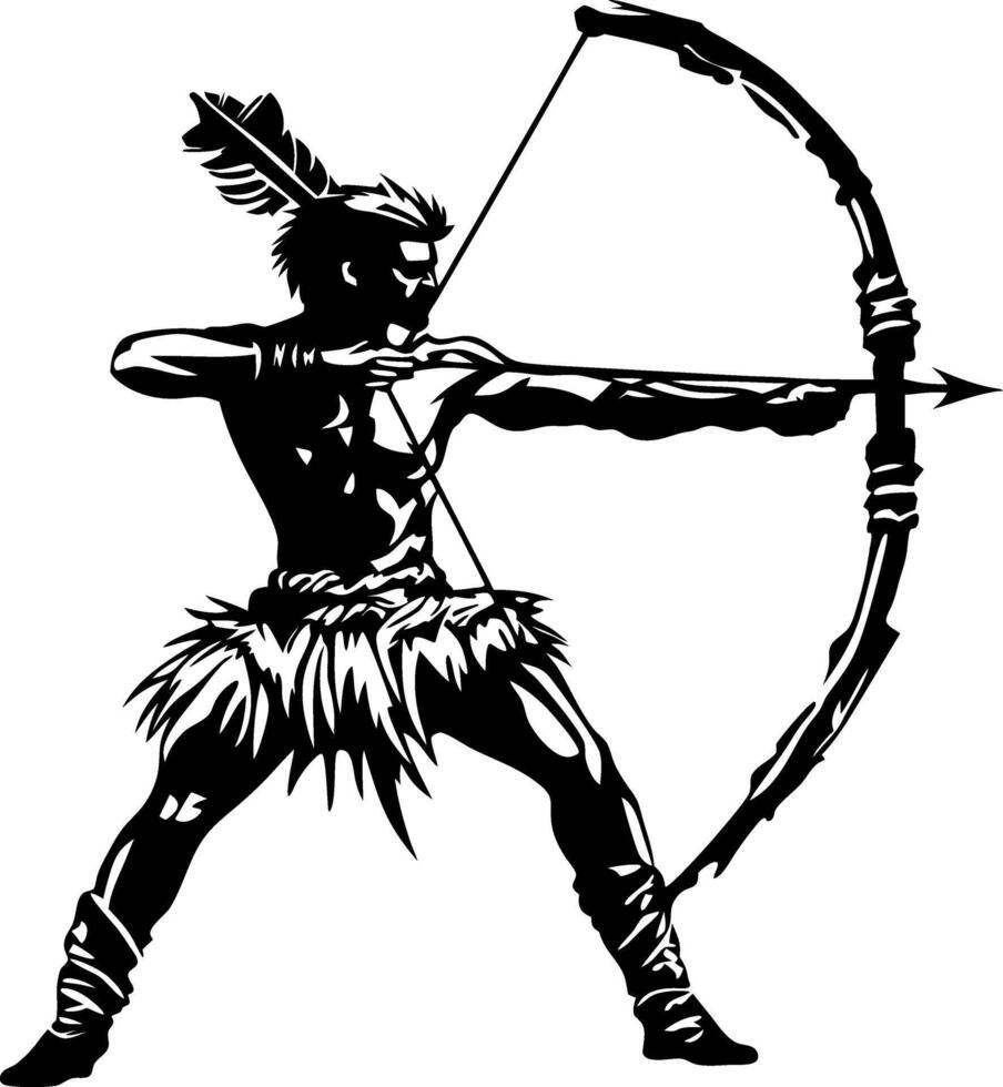 Dynamic Native Archer Drawing with Bow and Arrow Emphasizing Strength and Precision vector
