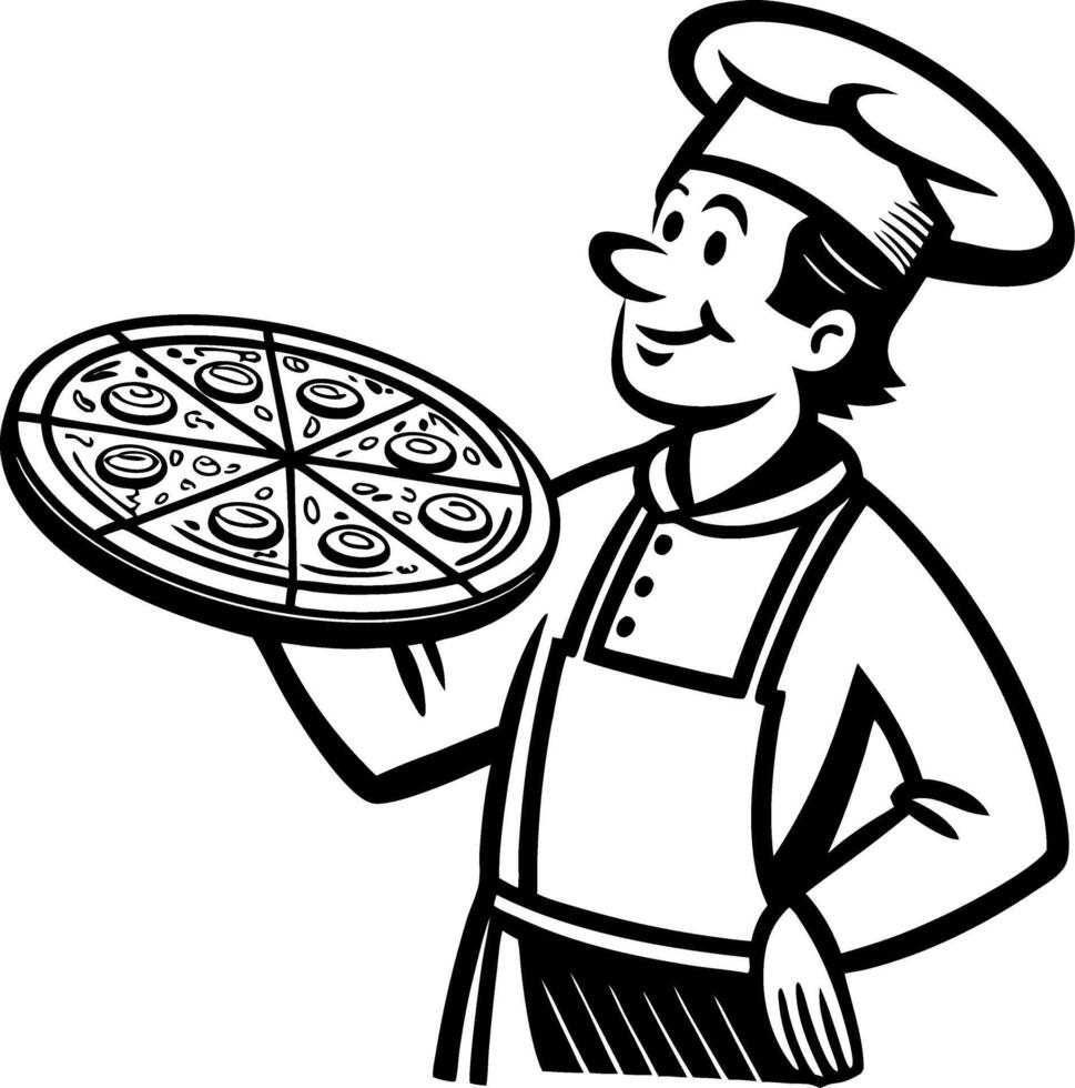 Cheerful Pizza Chef Holding Delicious Freshly Baked Pizza Ideal for Restaurant Menus and Branding vector