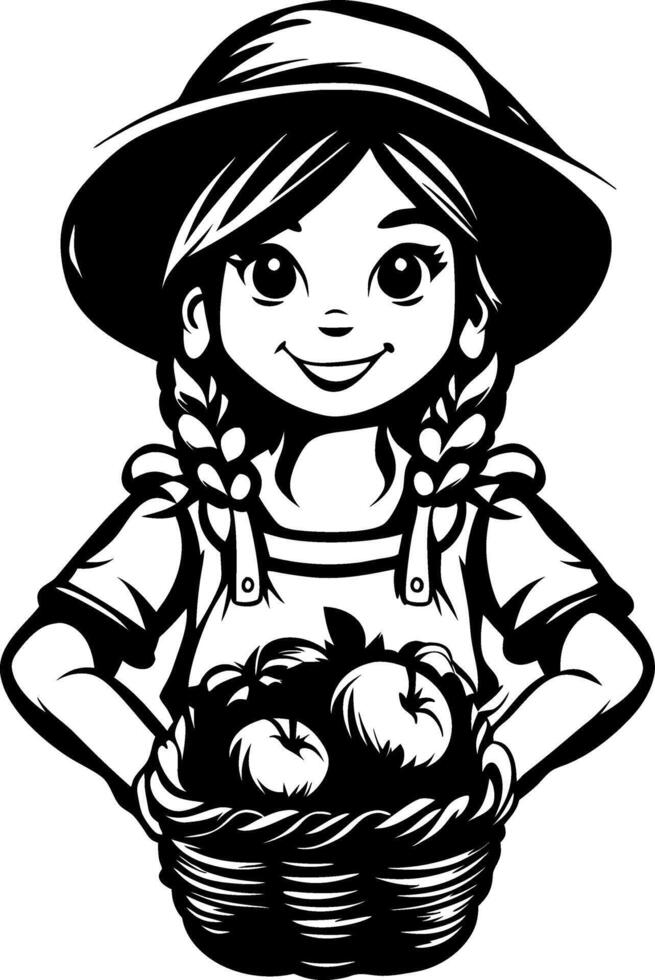 Cheerful Girl Farmer Holding Basket of Apples in Vintage Style for Fruit-Themed Design vector