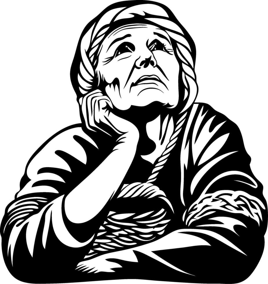Thoughtful Elderly Woman Portrait in Traditional Clothing Ideal for Coloring Books and Tattoo Designs vector