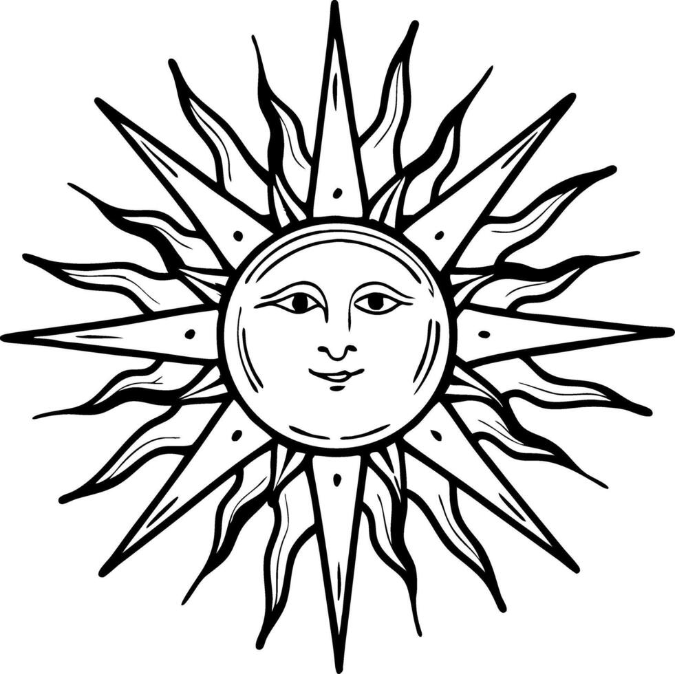 Detailed Sun Illustration with Radiant Rays Ideal for Tattoo Design and Coloring Books vector
