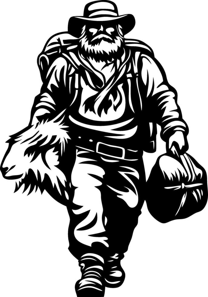 Adventure Hunter Carrying Bear Head and Backpack in Wilderness Landscape vector