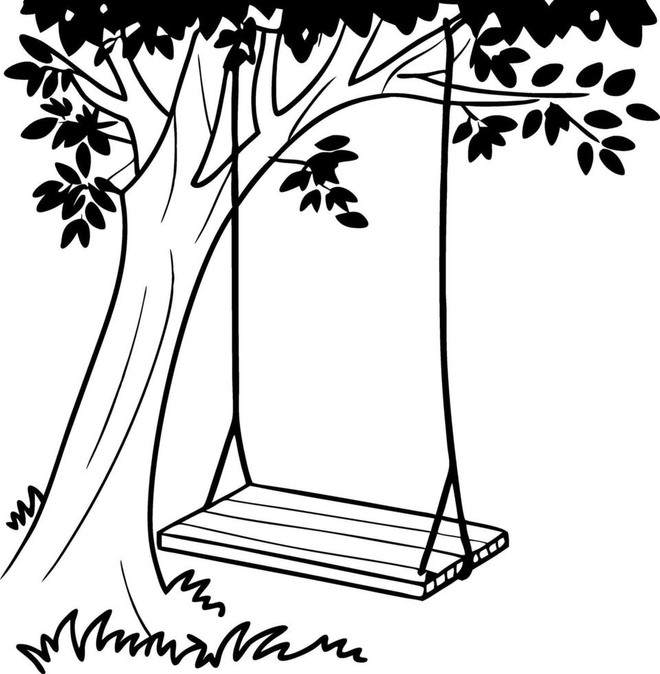 Tree Swing Under Lush Green Foliage Ideal for Outdoor Decor and Coloring Activities vector