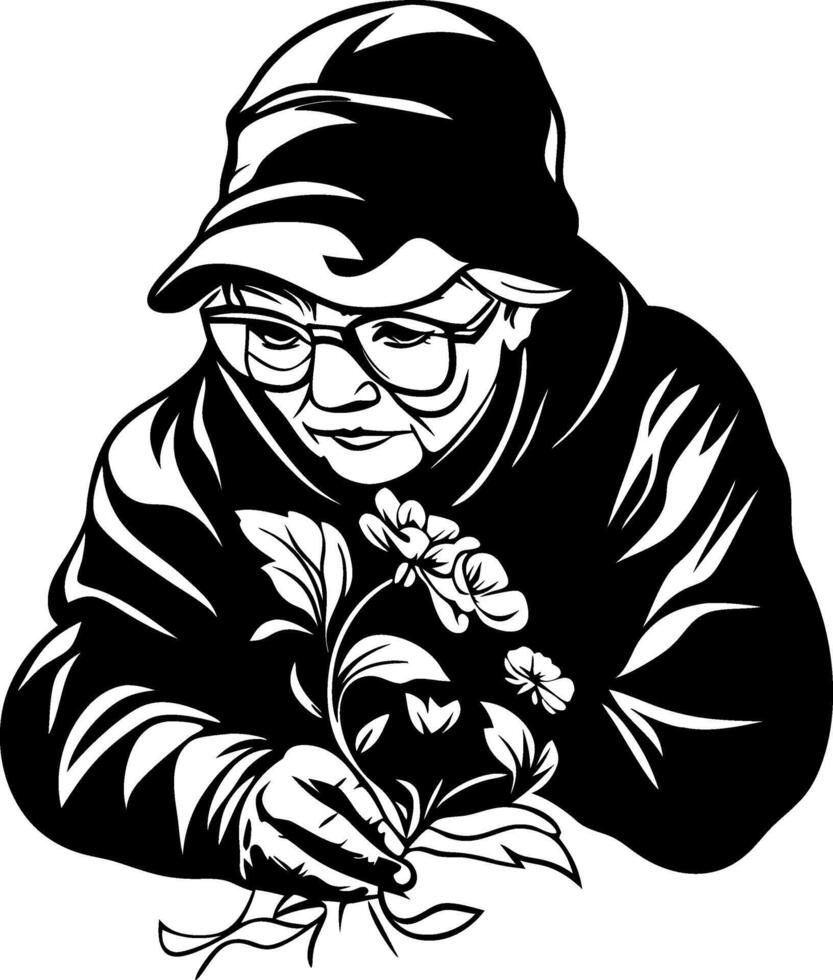 Elderly Woman Gardening with Flowers Detailed Illustration for Art Projects vector